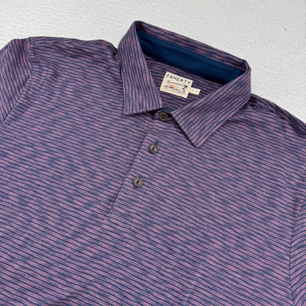 Faherty Sunwashed Polo Mens Large Purple Striped Short Sleeve Organic Cotton